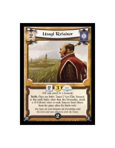 Usagi Retainer (Español)  - Will only attach to a Samurai. Battle: Once per battle: Target 2 Lion Clan Samurai in this card's ba
