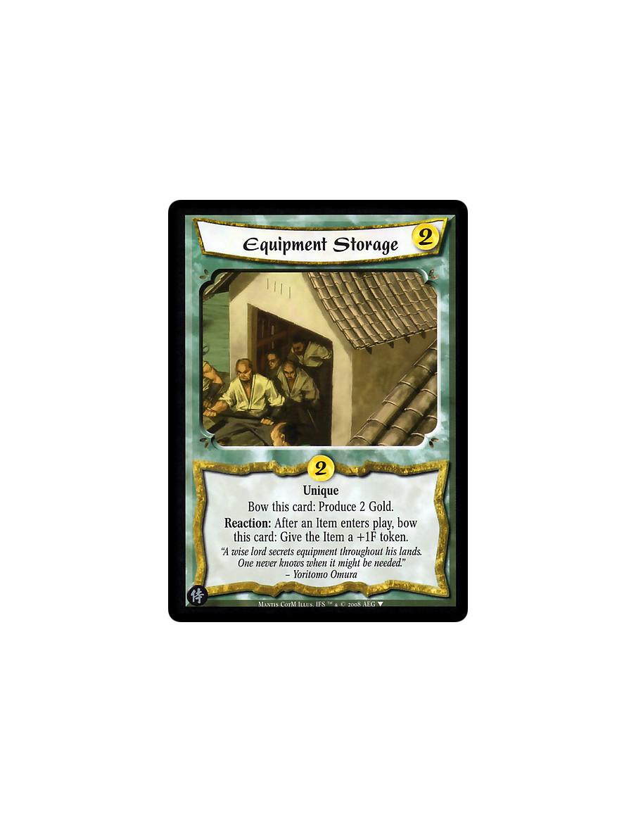 Equipment Storage  - Unique  Bow this card: Produce 2 Gold.  Reaction: After an Item enters play, bow this card: Give the Item a