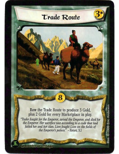 Trade Route  - Bow the Trade Route to produce 3 Gold, plus 2 Gold for every Marketplace in play.