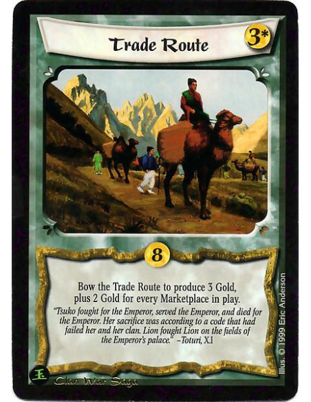 Trade Route  - Bow the Trade Route to produce 3 Gold, plus 2 Gold for every Marketplace in play.