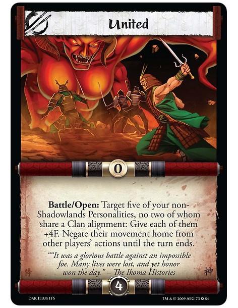 United  - Battle/Open: Target five of your non-Shadowlands Personalities, no two of whom share a Clan alignment: Give each of th