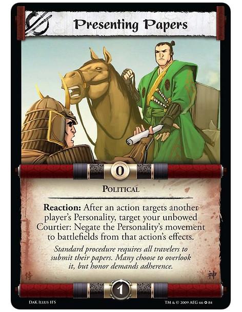Presenting Papers  - Political Reaction: After an action target's another player's Personality, target your unbowed Courtier: Ne