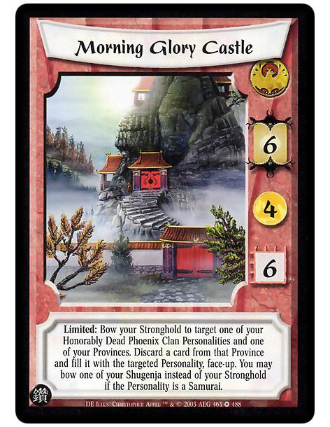 Morning Glory Castle (Spanish)  - Limited: Bow your Stronghold to target one of your Honorably Dead Phoenix Clan Personalities a