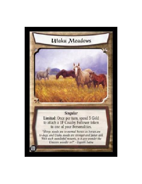 Utaku Meadows (Spanish)  - Singular Limited: Once per turn, spend 3 Gold to attach a 1F Cavalry Follower token to one of your Pe