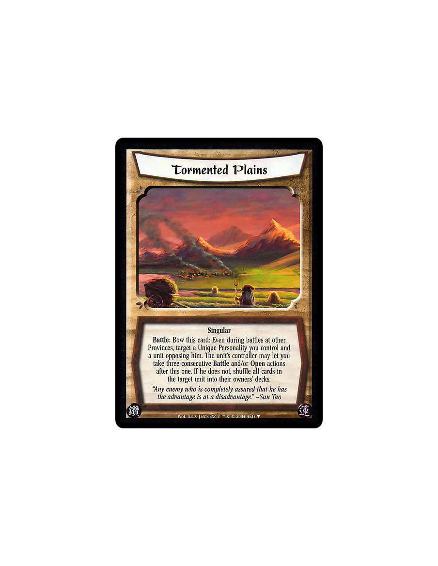 Tormented Plains (Español)  - Singular  Battle: Bow this card: Even during battles at other Provinces, target a Unique Personali
