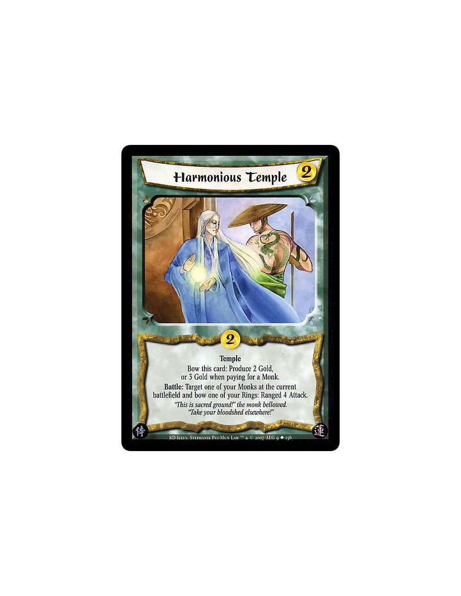 Harmonious Temple (Español)  - Temple. Bow this card: Produce 2 Gold, or 3 Gold when paying for a Monk. Battle: Target one of yo