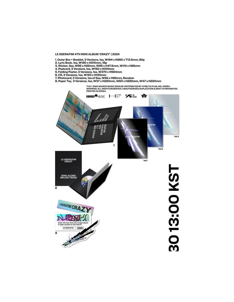 LE SSERAFIM - CRAZY (4TH Mini Album)  - LE SSERAFIM - CRAZY (4TH Mini Album)
Variaciones: A (negro); B (azul); C (blanco)
Conten