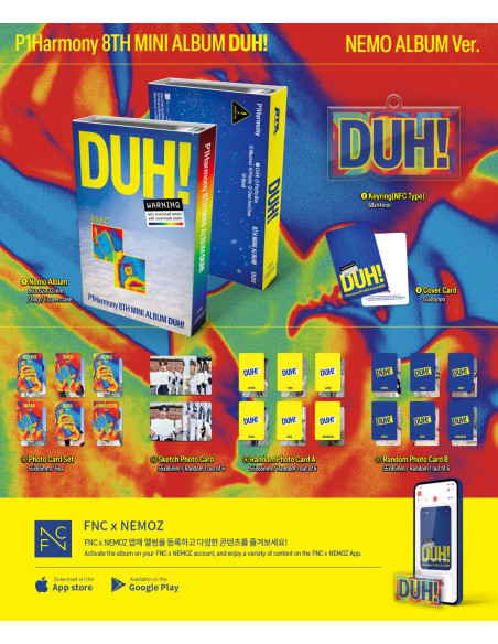 P1HARMONY - DUH! (8th Mini Album) Nemo Ver.  - P1HARMONY - DUH! (8th Mini Album) Nemo Ver.Contenido:

1 Keyring (NFC Type)
1 Cov