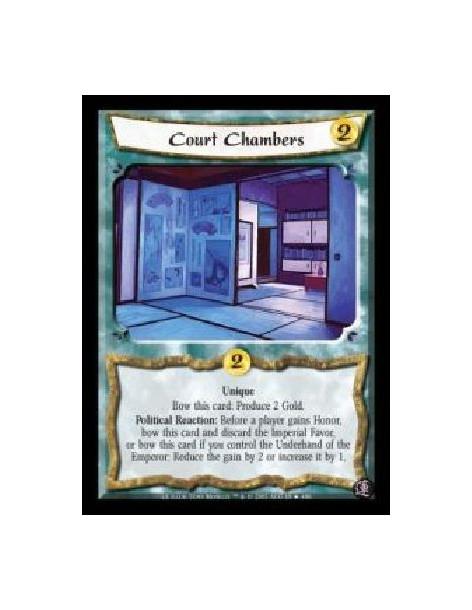 Court Chambers  - Unique. Bow this card: Produce 2 Gold. Political Reaction: Before a player gains Honor, bow this card and disc