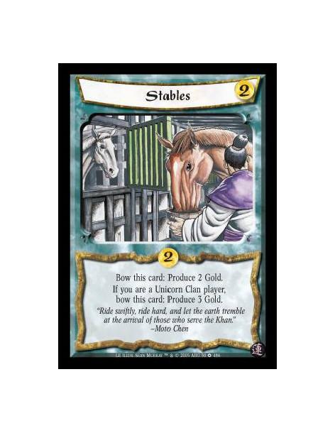 Stables  - Coste: 2. Bow this card: Produce 2 Gold. If you are a Unicorn Clan player, bow this card: Produce 3 Gold.
