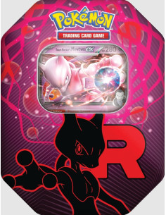Team Rocket Tin. Mewtwo Ex (Spanish)  - Cada Team Rocket Tin incluye:

1 carta promocional foil de Mewtwo ex.
4 sobres de mejora