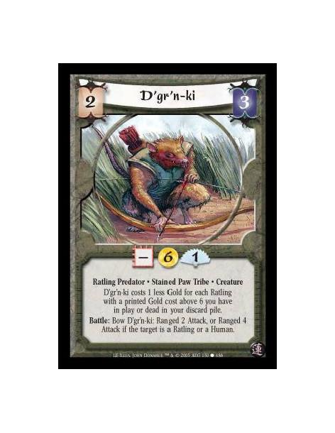 D'gr'n-ki  - Ratling Predator · Stained Paw Tribe · Creature. D'gr'n-ki costs 1 less Gold for each Ratling with a printed Gold c