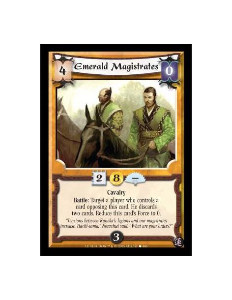 Emerald Magistrates  - Cavalry. Battle: Target a player who controls a card opposing this card. He discards two cards. Reduce th
