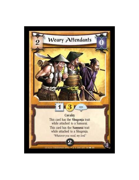Weary Attendants  - Cavalry. This card has the Shugenja trait while attached to a Samurai. This card has the Samurai trait while