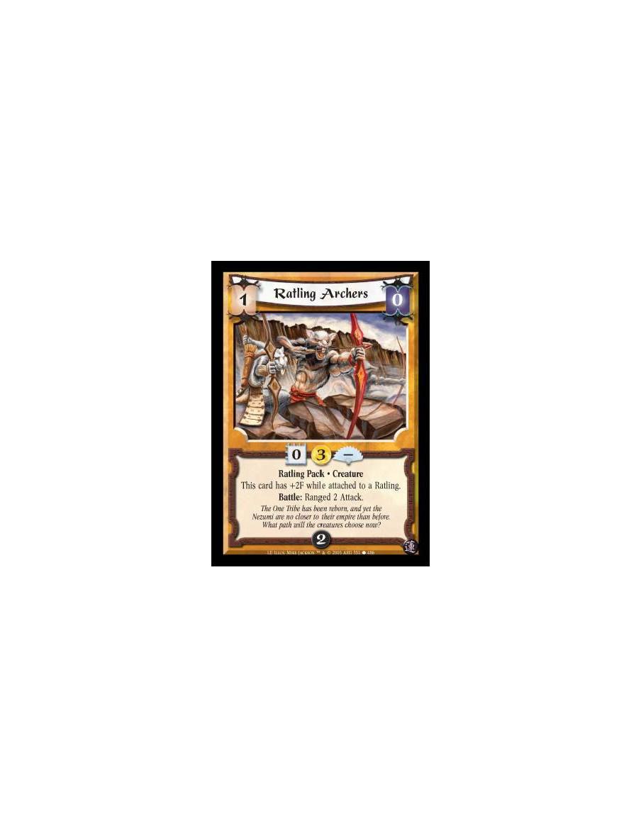 Ratling Archers  - Ratling Pack · Creature. This card has +2F while attached to a Ratling. Battle: Ranged 2 Attack
