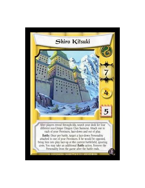 Shiro Kitsuki (Spanol)  - After players reveal Strongholds, search your deck for four different non-Unique Dragon Clan Samurai. 