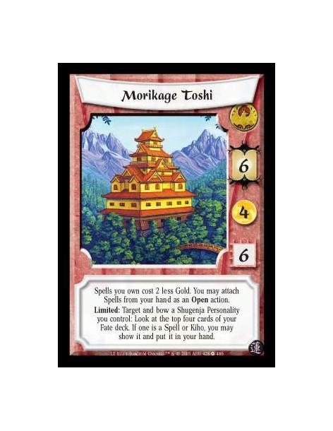 Morikage Toshi (Español)  - Spells you own cost 2 less Gold. You may attach Spells from your hand as an Open action. Limited: Ta