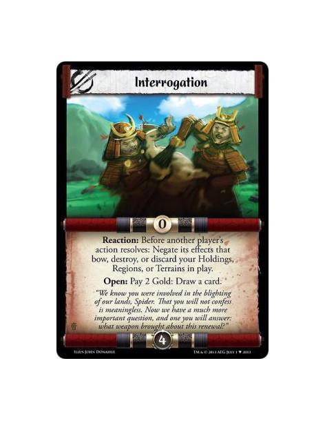 Interrogation  - Reaction: Before another player's action resolves: Negate its effects that bow, destroy, or discard your Holdin