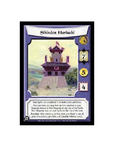 Shinden Horiuchi (Español)  - Your Spells are considered to be both Spells and Items.Once per turn, you may bow an Item attached
