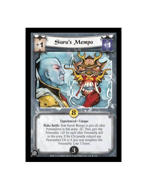 Suru's Mempo Exp  - Experienced. Unique Maho Battle: Bow Suru's Mempo to give all Personalities in this army -2C. Then, give thi