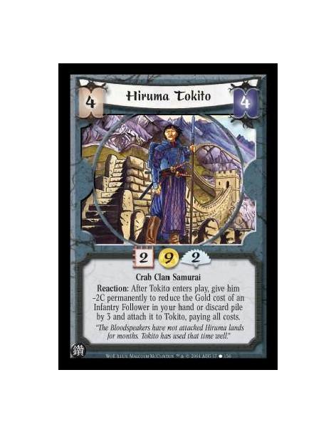 Hiruma Tokito  - Crab Clan Samurai Reaction: After Tokito enters play, give him -2C permanently to reduce the Gold cost of an In