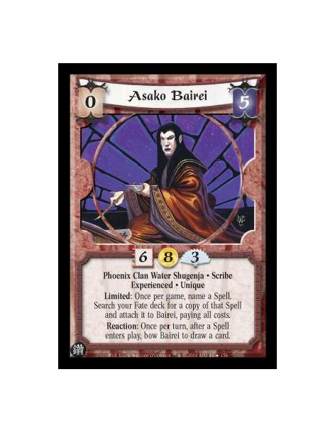Asako Bairei Exp  - Phoenix Clan Water Shugenja. Scribe. Experienced. Unique Limited: Once per game, name a Spell. Search your F