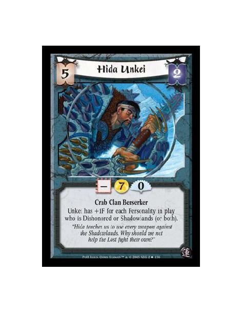 Hida Unkei (Spanish Language)  - Crab Clan Berserker. Unkei has +1F for each Personality in play who is Dishonored or Shadowland