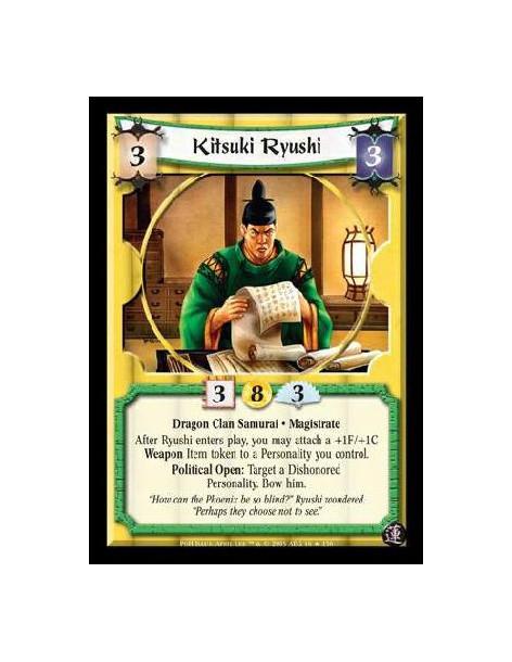 Kitsuki Ryushi  - Dragon Clan Samurai · Magistrate. After Ryushi enters play, you may attach a +1F/+1C Weapon token to a Persona