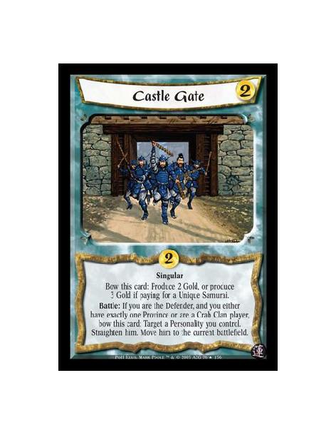 Castle Gate (Español)  - Singular. Bow this card: Produce 2 Gold, or produce 3 Gold if paying for a Unique Samurai. Battle: If y
