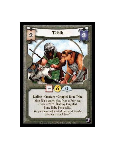 Tchik FOIL (Español)  - Ratling · Creature · Crippled Bone Tribe. After Tchik enters play from a Province, create a 2F/2C Ratlin