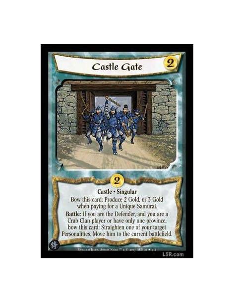 Castle Gate  - Castle Singular. Bow this card: Produce 2 Gold, or 3 Gold when paying for a Unique Samurai. Battle: If you are a 