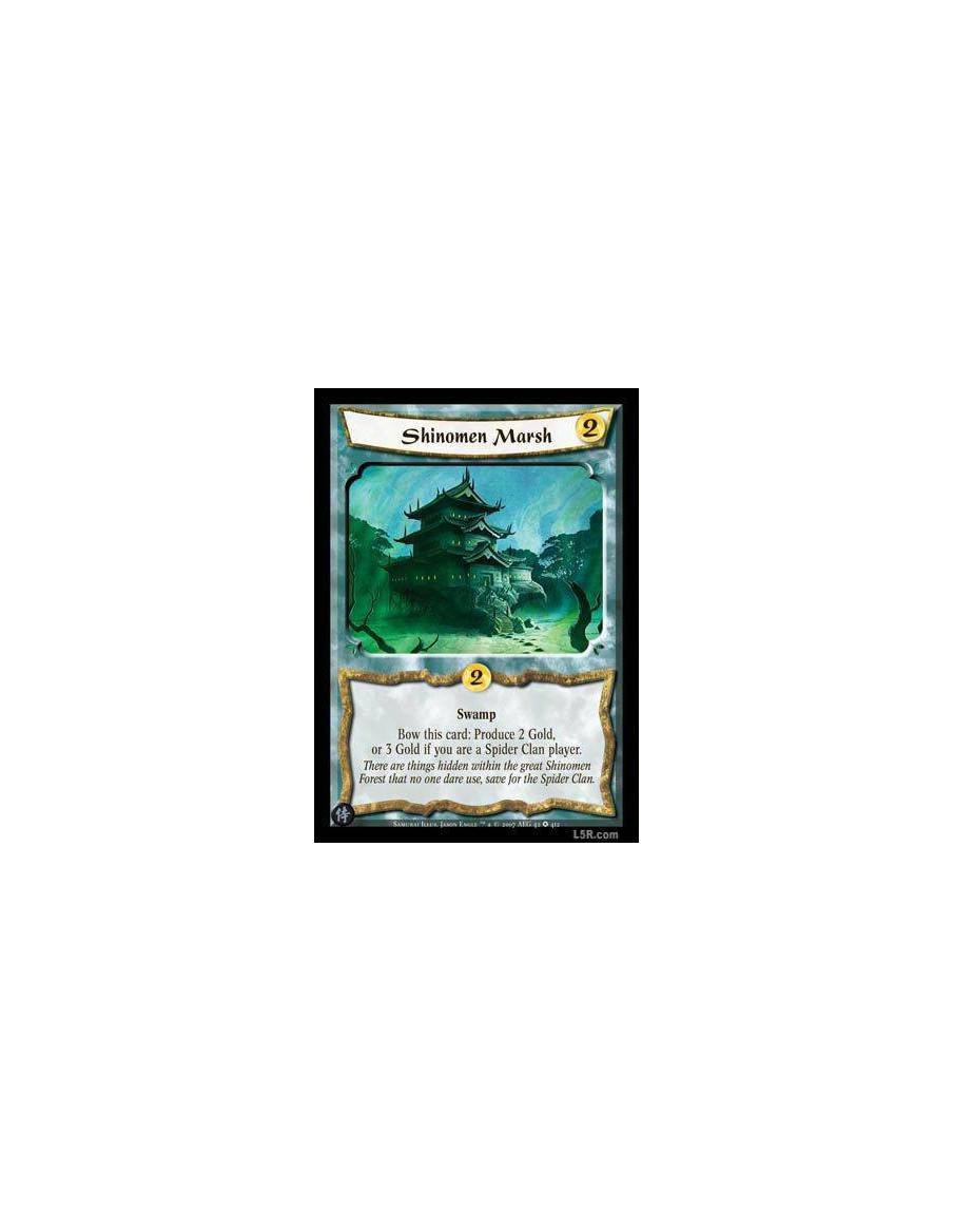 Shinomen Marsh  - Swamp. Bow this card: Produce 2 Gold, or 3 Gold if you are a Spider Clan player.