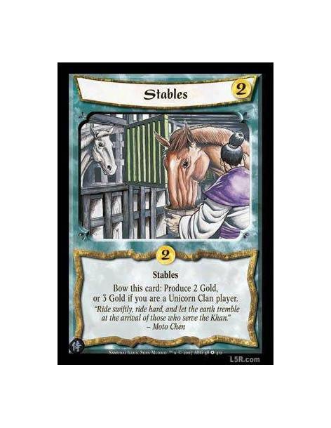 Stables  - Stables. Bow this card: Produce 2 Gold, or 3 Gold if you are a Unicorn Clan player.