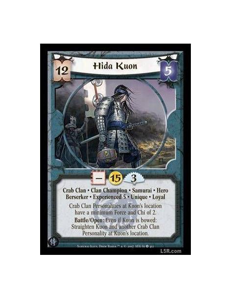 Hida Kuon Exp5 (Español)  - Crab Clan · Clan Champion · Samurai · Hero · Berserker · Experienced 5 · Unique · Loyal. Crab Clan P
