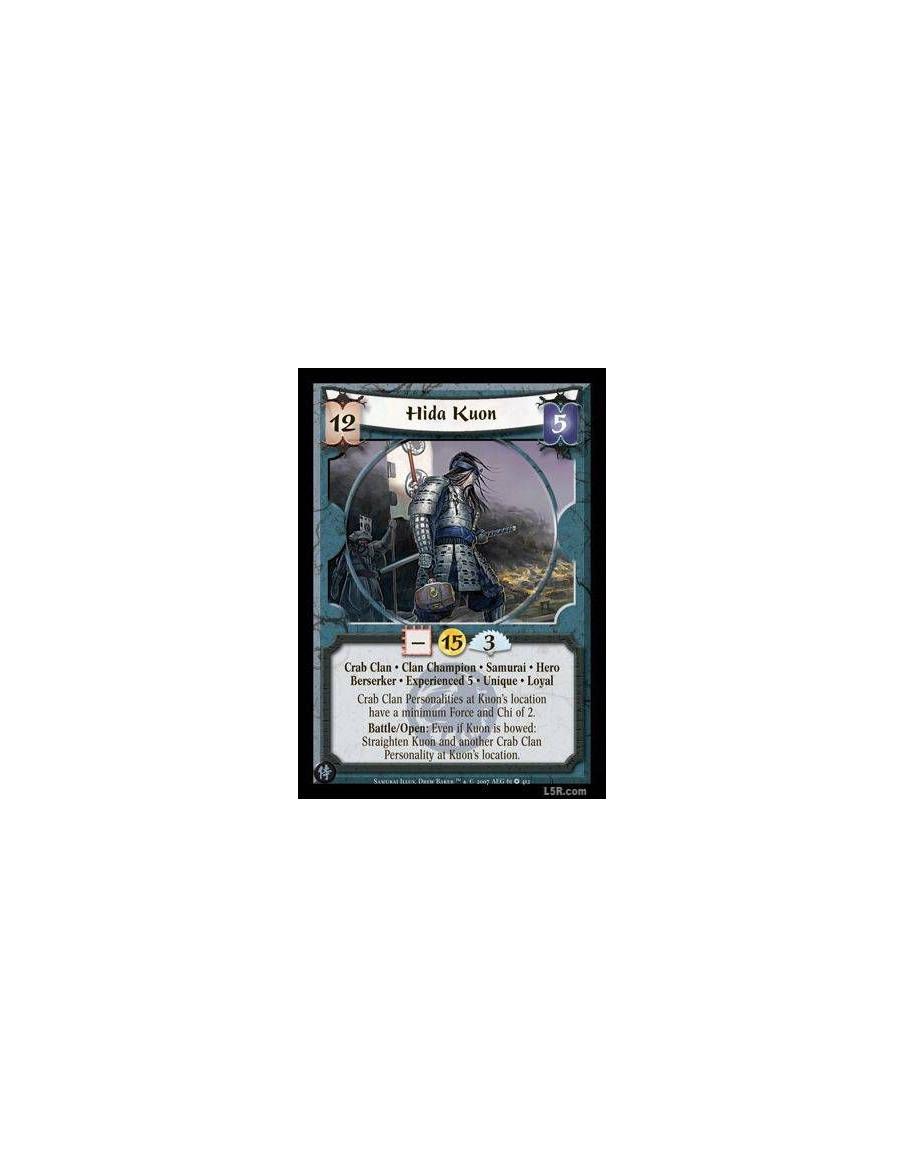 Hida Kuon Exp5 (Español)  - Crab Clan · Clan Champion · Samurai · Hero · Berserker · Experienced 5 · Unique · Loyal. Crab Clan P