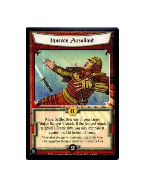 Unseen Assailant (Spanish Language)  - Ninja Battle: Bow one of your target Ninjas: Ranged 3 Attack. If the Ranged Attack target
