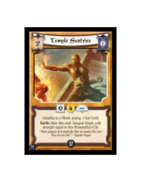 Temple Sentries  - Attaches to a Monk paying 1 less Gold.  Battle: Bow this card: Ranged Attack with strength equal to this Pers